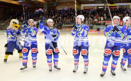 EBEL. Eishockey Bundesliga. EC VSV gegen KAC. Jubel Cole Jarrett, John Hughes, Michael Forney, Curtis Fraser (VSV). Villach, am 22.10..2013.
Foto: Kuess 


---
pressefotos, pressefotografie, kuess, qs, qspictures, sport, bild, bilder, bilddatenbank