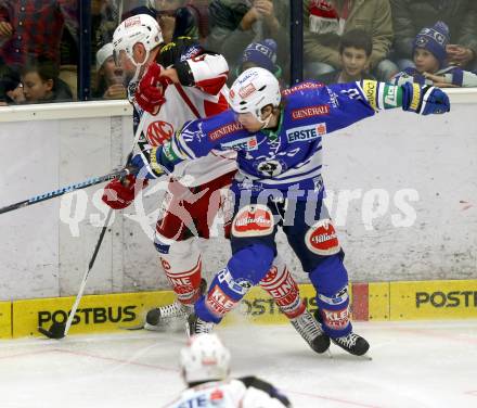 EBEL. Eishockey Bundesliga. EC VSV gegen KAC. Brock McBride, (VSV), Mike Siklenka (KAC). Villach, am 22.10..2013.
Foto: Kuess 


---
pressefotos, pressefotografie, kuess, qs, qspictures, sport, bild, bilder, bilddatenbank