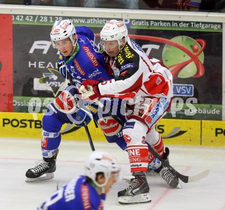 EBEL. Eishockey Bundesliga. EC VSV gegen KAC. Patrick Platzer, (VSV), Kirk Furey  (KAC). Villach, am 22.10..2013.
Foto: Kuess 


---
pressefotos, pressefotografie, kuess, qs, qspictures, sport, bild, bilder, bilddatenbank