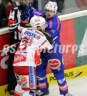 EBEL. Eishockey Bundesliga. EC VSV gegen KAC. Klemen Pretnar, (VSV), Manuel Geier  (KAC). Villach, am 22.10..2013.
Foto: Kuess 


---
pressefotos, pressefotografie, kuess, qs, qspictures, sport, bild, bilder, bilddatenbank