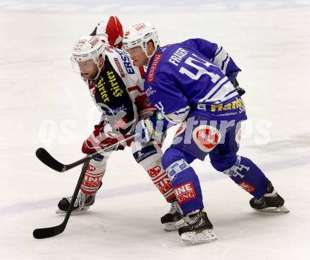 EBEL. Eishockey Bundesliga. EC VSV gegen KAC. Curtis Fraser,  (VSV), Thomas Poeck (KAC). Villach, am 22.10..2013.
Foto: Kuess 


---
pressefotos, pressefotografie, kuess, qs, qspictures, sport, bild, bilder, bilddatenbank