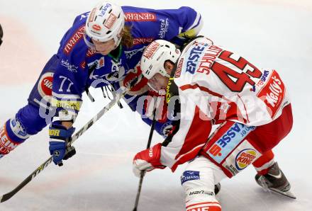 EBEL. Eishockey Bundesliga. EC VSV gegen KAC. Michael Forney, (VSV), David Schuller  (KAC). Villach, am 22.10..2013.
Foto: Kuess 


---
pressefotos, pressefotografie, kuess, qs, qspictures, sport, bild, bilder, bilddatenbank