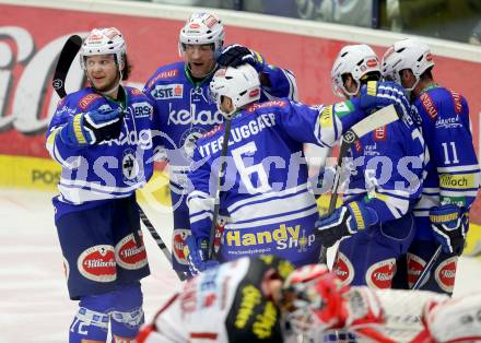 EBEL. Eishockey Bundesliga. EC VSV gegen KAC.  Torjubel Gerhard Unterluggauer, Cole Jarrett, John Hughes, Derek Ryan, Marco Pewal (VSV). Villach, am 22.10..2013.
Foto: Kuess 


---
pressefotos, pressefotografie, kuess, qs, qspictures, sport, bild, bilder, bilddatenbank