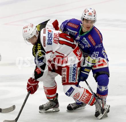 EBEL. Eishockey Bundesliga. EC VSV gegen KAC. Marius Goehringer, (VSV), Johannes Reichel  (KAC). Villach, am 22.10..2013.
Foto: Kuess 


---
pressefotos, pressefotografie, kuess, qs, qspictures, sport, bild, bilder, bilddatenbank