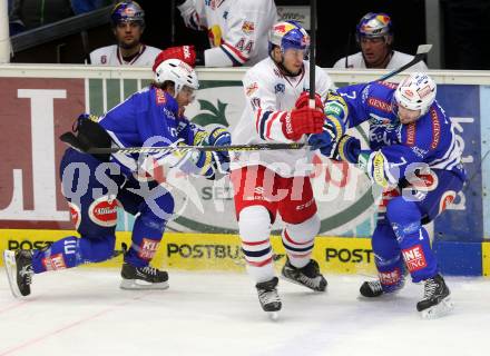 EBEL. Eishockey Bundesliga. EC VSV gegen EC Red Bull Salzburg.  Brock McBride, Klemen Pretnar, (VSV),  Andreas Kristler (Salzburg). Villach, am 25.10..2013.
Foto: Kuess 


---
pressefotos, pressefotografie, kuess, qs, qspictures, sport, bild, bilder, bilddatenbank