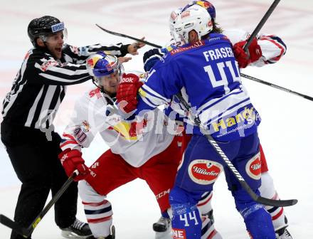 EBEL. Eishockey Bundesliga. EC VSV gegen EC Red Bull Salzburg.  Curtis Fraser, (VSV), Andreas Kristler  (Salzburg). Villach, am 25.10..2013.
Foto: Kuess 


---
pressefotos, pressefotografie, kuess, qs, qspictures, sport, bild, bilder, bilddatenbank