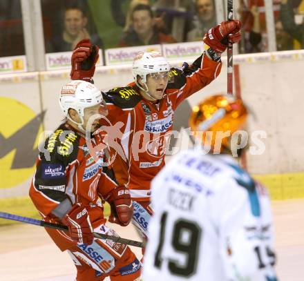 EBEL. Eishockey Bundesliga. KAC gegen EHC LIWEST Linz.  Torjubel Thomas Koch, Patrick Berr (KAC). Klagenfurt, am 25.10.2013
Foto: Kuess 

---
pressefotos, pressefotografie, kuess, qs, qspictures, sport, bild, bilder, bilddatenbank