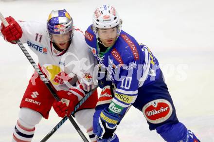 EBEL. Eishockey Bundesliga. EC VSV gegen EC Red Bull Salzburg. Brock McBride, (VSV), Mark Cullen  (Salzburg). Villach, am 25.10..2013.
Foto: Kuess 


---
pressefotos, pressefotografie, kuess, qs, qspictures, sport, bild, bilder, bilddatenbank