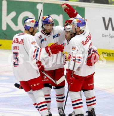 EBEL. Eishockey Bundesliga. EC VSV gegen EC Red Bull Salzburg. Torjubel Thomas Raffl, Dave Meckler, Dominque Heinrich, Brian Fahey (Salzburg). Villach, am 25.10..2013.
Foto: Kuess 


---
pressefotos, pressefotografie, kuess, qs, qspictures, sport, bild, bilder, bilddatenbank