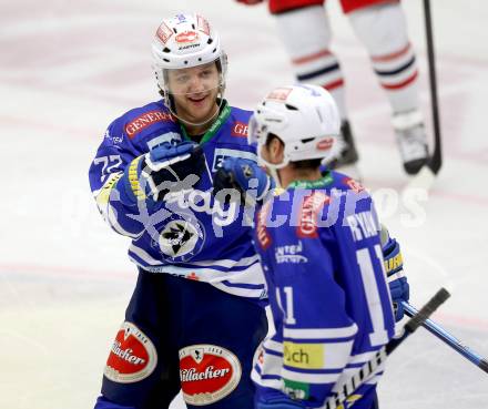 EBEL. Eishockey Bundesliga. EC VSV gegen EC Red Bull Salzburg. Torjubel Derek Ryan, John Hughes (VSV). Villach, am 25.10..2013.
Foto: Kuess 


---
pressefotos, pressefotografie, kuess, qs, qspictures, sport, bild, bilder, bilddatenbank