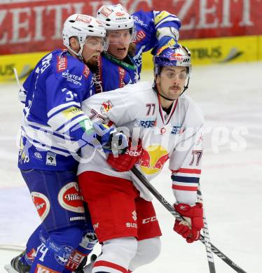 EBEL. Eishockey Bundesliga. EC VSV gegen EC Red Bull Salzburg. Markus Peintner, Michael Forney,  (VSV), Florian Muehlstein (Salzburg). Villach, am 25.10..2013.
Foto: Kuess 


---
pressefotos, pressefotografie, kuess, qs, qspictures, sport, bild, bilder, bilddatenbank