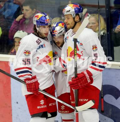 EBEL. Eishockey Bundesliga. EC VSV gegen EC Red Bull Salzburg.  Torjubel Dave Meckler, Garrett Roe, Thomas Raffl (Salzburg). Villach, am 25.10..2013.
Foto: Kuess 


---
pressefotos, pressefotografie, kuess, qs, qspictures, sport, bild, bilder, bilddatenbank