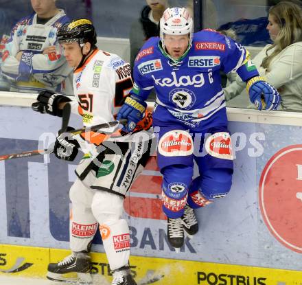 EBEL. Eishockey Bundesliga. EC VSV gegen Moser Medical Graz 99ers.  Gerhard Unterluggauer, (VSV), Daniel Woger  (Graz). Villach, am 27.10..2013.
Foto: Kuess 


---
pressefotos, pressefotografie, kuess, qs, qspictures, sport, bild, bilder, bilddatenbank