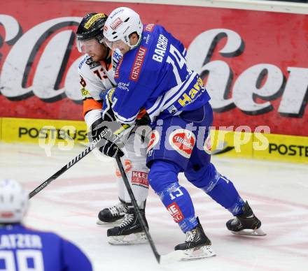 EBEL. Eishockey Bundesliga. EC VSV gegen Moser Medical Graz 99ers.  Stefan Bacher,  (VSV), Olivier Labelle (Graz). Villach, am 27.10..2013.
Foto: Kuess 


---
pressefotos, pressefotografie, kuess, qs, qspictures, sport, bild, bilder, bilddatenbank