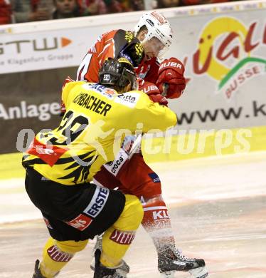 EBEL. Eishockey Bundesliga. KAC gegen UPC Vienna Capitals. Jamie Lundmark,  (KAC), Sven Klimbacher (Caps). Klagenfurt, am 27.10.2013
Foto: Kuess 

---
pressefotos, pressefotografie, kuess, qs, qspictures, sport, bild, bilder, bilddatenbank