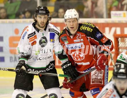 EBEL. Eishockey Bundesliga. KAC gegen HDD TELEMACH Olimpija Ljubljana.  Mike Siklenka,  (KAC), Jake Laplante (Laibach). Klagenfurt, am 31.10.2013
Foto: Kuess 

---
pressefotos, pressefotografie, kuess, qs, qspictures, sport, bild, bilder, bilddatenbank