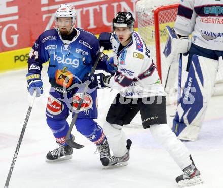 EBEL. Eishockey Bundesliga. EC VSV gegen SAPA Fehervar AV19. Markus Peintner, (VSV), POZSGAI Tamas (Alba Volan). Villach, am 31.10..2013.
Foto: Kuess 


---
pressefotos, pressefotografie, kuess, qs, qspictures, sport, bild, bilder, bilddatenbank