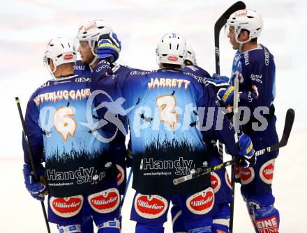 EBEL. Eishockey Bundesliga. EC VSV gegen SAPA Fehervar AV19. Torjubel John Hughes, Gerhard Unterluggauer, Cole Jarrett, Marco Pewal, Derek Ryan (VSV). Villach, am 31.10..2013.
Foto: Kuess 


---
pressefotos, pressefotografie, kuess, qs, qspictures, sport, bild, bilder, bilddatenbank