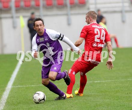 Fussball. Regionalliga. Austria Klagenfurt gegen Vorwaerts Steyr. Matthias Dollinger (K) (Austria Klagenfurt), Peter Orosz (Vorwaerts Steyr). Klagenfurt, 2.11.2013.
Foto: Kuess 
---
pressefotos, pressefotografie, kuess, qs, qspictures, sport, bild, bilder, bilddatenbank