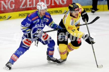 EBEL. Eishockey Bundesliga. EC VSV gegen UPC Vienna Capitals. Nico Brunner,  (VSV), Jonathan Ferland (Caps). Villach, am 3.11.2013.
Foto: Kuess 


---
pressefotos, pressefotografie, kuess, qs, qspictures, sport, bild, bilder, bilddatenbank