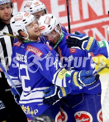 EBEL. Eishockey Bundesliga. EC VSV gegen UPC Vienna Capitals. Torjubel Marco Pewal, Derek Ryan, John Hughes,  (VSV). Villach, am 3.11.2013.
Foto: Kuess 


---
pressefotos, pressefotografie, kuess, qs, qspictures, sport, bild, bilder, bilddatenbank