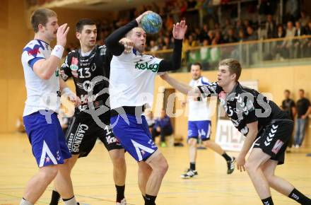 Handball HLA. SC Ferlach gegen Bregenz. Fabian Posch, David Kovac, (Ferlach), Filip Gavranovic  (Bregenz). Ferlach, 9.11.2013.
Foto: Kuess
---
pressefotos, pressefotografie, kuess, qs, qspictures, sport, bild, bilder, bilddatenbank