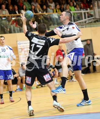 Handball HLA. SC Ferlach gegen Bregenz.  David Kovac, (Ferlach), Gernot Watzl (Bregenz). Ferlach, 9.11.2013.
Foto: Kuess
---
pressefotos, pressefotografie, kuess, qs, qspictures, sport, bild, bilder, bilddatenbank