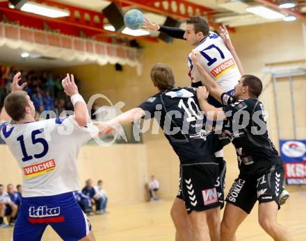 Handball HLA. SC Ferlach gegen Bregenz.  Izudin Mujanovic, Fabian Posch, (Ferlach),   Povilas Babarskas  (Bregenz). Ferlach, 9.11.2013.
Foto: Kuess
---
pressefotos, pressefotografie, kuess, qs, qspictures, sport, bild, bilder, bilddatenbank