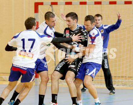 Handball HLA. SC Ferlach gegen Bregenz. Izudin Mujanovic, David Kovac, Boris Vodisek,  (Ferlach), Filip Gavranovic (Bregenz). Ferlach, 9.11.2013.
Foto: Kuess
---
pressefotos, pressefotografie, kuess, qs, qspictures, sport, bild, bilder, bilddatenbank