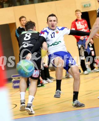 Handball HLA. SC Ferlach gegen Bregenz.   Izudin Mujanovic (Ferlach), Alexander Wassel (Bregenz). Ferlach, 9.11.2013.
Foto: Kuess
---
pressefotos, pressefotografie, kuess, qs, qspictures, sport, bild, bilder, bilddatenbank