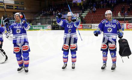 EBEL. Eishockey Bundesliga. EC VSV gegen Dornbirner Eishockey Club.  Jubel Cole Jarrett, John Hughes, Derek Ryan (VSV). Villach, am 13.11.2013.
Foto: Kuess 


---
pressefotos, pressefotografie, kuess, qs, qspictures, sport, bild, bilder, bilddatenbank