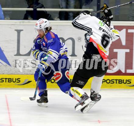 EBEL. Eishockey Bundesliga. EC VSV gegen Dornbirner Eishockey Club.  Brock McBride, (VSV), D Aversa Jonathan (Dornbirn). Villach, am 13.11.2013.
Foto: Kuess 


---
pressefotos, pressefotografie, kuess, qs, qspictures, sport, bild, bilder, bilddatenbank