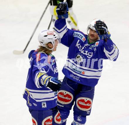 EBEL. Eishockey Bundesliga. EC VSV gegen Dornbirner Eishockey Club.  Torjubel Michael Forney, Curtis Fraser (VSV). Villach, am 13.11.2013.
Foto: Kuess 


---
pressefotos, pressefotografie, kuess, qs, qspictures, sport, bild, bilder, bilddatenbank