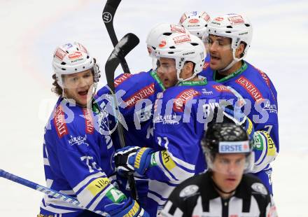 EBEL. Eishockey Bundesliga. EC VSV gegen Dornbirner Eishockey Club.  Torjubel Cole Jarrett, John Hughes, Derek Ryan, Gerhard Unterluggauer (VSV). Villach, am 13.11.2013.
Foto: Kuess 


---
pressefotos, pressefotografie, kuess, qs, qspictures, sport, bild, bilder, bilddatenbank