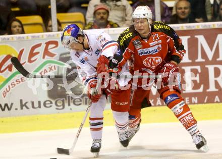 EBEL. Eishockey Bundesliga. KAC gegen EC Red Bull Salzburg. Mike Siklenka,  (KAC), Joe Motzko (Salzburg). Klagenfurt, am 22.11.2013
Foto: Kuess 

---
pressefotos, pressefotografie, kuess, qs, qspictures, sport, bild, bilder, bilddatenbank