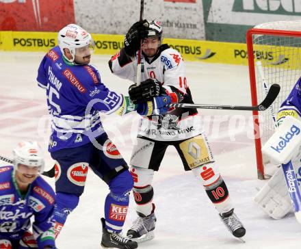 EBEL. Eishockey Bundesliga. EC VSV gegen HC TWK Innsbruck. Scott Hotham, (VSV), Patrick Moessmer  (Innsbruck). Villach, am 22.11.2013.
Foto: Kuess 


---
pressefotos, pressefotografie, kuess, qs, qspictures, sport, bild, bilder, bilddatenbank