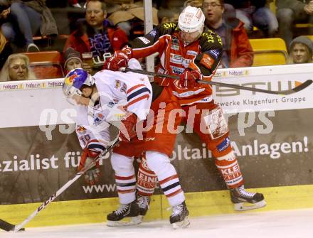 EBEL. Eishockey Bundesliga. KAC gegen EC Red Bull Salzburg. Thomas Poeck, (KAC), Joe Motzko  (Salzburg). Klagenfurt, am 22.11.2013
Foto: Kuess 

---
pressefotos, pressefotografie, kuess, qs, qspictures, sport, bild, bilder, bilddatenbank