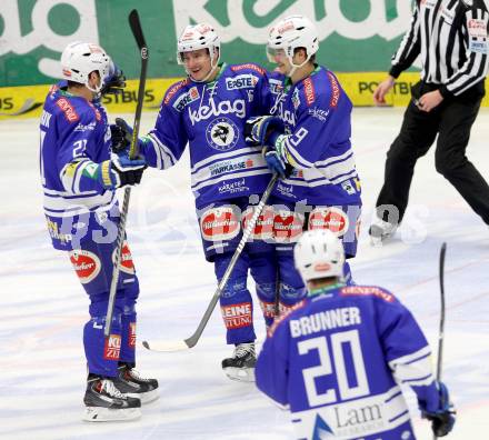 EBEL. Eishockey Bundesliga. EC VSV gegen HC TWK Innsbruck. Torjubel   Daniel Nageler, Benjamin Petrik, BACHER Stefan (VSV). Villach, am 22.11.2013.
Foto: Kuess 


---
pressefotos, pressefotografie, kuess, qs, qspictures, sport, bild, bilder, bilddatenbank