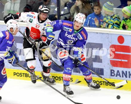 EBEL. Eishockey Bundesliga. EC VSV gegen HC TWK Innsbruck. Stefan Bacher,  (VSV), Andreas Hanschitz (Innsbruck). Villach, am 22.11.2013.
Foto: Kuess 


---
pressefotos, pressefotografie, kuess, qs, qspictures, sport, bild, bilder, bilddatenbank