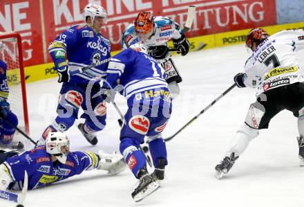 EBEL. Eishockey Bundesliga. EC VSV gegen EHC LIWEST Linz. Jean Philippe Lamoureux, Daniel Nageler, Stefan Bacher, (VSV), Brian Lebler  (Linz). Villach, am 24.11.2013.
Foto: Kuess 


---
pressefotos, pressefotografie, kuess, qs, qspictures, sport, bild, bilder, bilddatenbank