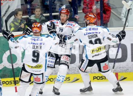 EBEL. Eishockey Bundesliga. EC VSV gegen EHC LIWEST Linz.  Torjubel Gregor Baumgartner, Jason Ulmer, Marc-Andre Dorion (Linz). Villach, am 24.11.2013.
Foto: Kuess 


---
pressefotos, pressefotografie, kuess, qs, qspictures, sport, bild, bilder, bilddatenbank