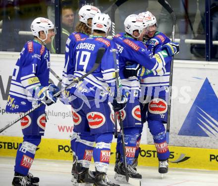 EBEL. Eishockey Bundesliga. EC VSV gegen EHC LIWEST Linz. Torjubel Benjamin Petrik, Nico Brunner, Michael Forney, Daniel Nageler, Stefan Bacher (VSV). Villach, am 24.11.2013.
Foto: Kuess 


---
pressefotos, pressefotografie, kuess, qs, qspictures, sport, bild, bilder, bilddatenbank