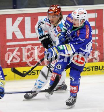 EBEL. Eishockey Bundesliga. EC VSV gegen EHC LIWEST Linz. Alexander Rauchenwald, (VSV), Brian Lebler (Linz). Villach, am 24.11.2013.
Foto: Kuess 


---
pressefotos, pressefotografie, kuess, qs, qspictures, sport, bild, bilder, bilddatenbank