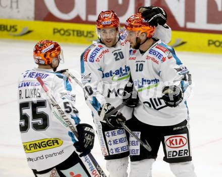 EBEL. Eishockey Bundesliga. EC VSV gegen EHC LIWEST Linz. Torjubel Robert Lukas, Brad Moran, Marc-Andre Dorion (Linz). Villach, am 24.11.2013.
Foto: Kuess 


---
pressefotos, pressefotografie, kuess, qs, qspictures, sport, bild, bilder, bilddatenbank