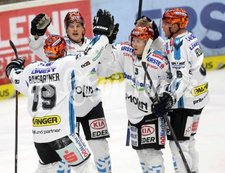 EBEL. Eishockey Bundesliga. EC VSV gegen EHC LIWEST Linz. Torjubel Brian Lebler, Jason Ulmer, Gregor Baumgartner (Linz). Villach, am 24.11.2013.
Foto: Kuess 


---
pressefotos, pressefotografie, kuess, qs, qspictures, sport, bild, bilder, bilddatenbank