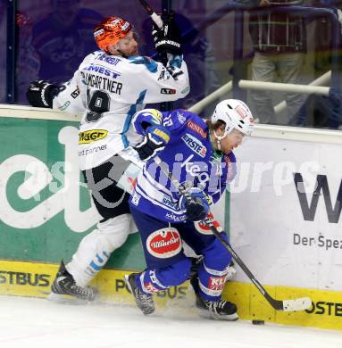 EBEL. Eishockey Bundesliga. EC VSV gegen EHC LIWEST Linz. Brock McBride,  (VSV), Gregor Baumgartner (Linz). Villach, am 24.11.2013.
Foto: Kuess 


---
pressefotos, pressefotografie, kuess, qs, qspictures, sport, bild, bilder, bilddatenbank