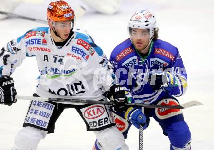 EBEL. Eishockey Bundesliga. EC VSV gegen EHC LIWEST Linz.  Brock McBride, (VSV), Daniel Oberkofler (Linz). Villach, am 24.11.2013.
Foto: Kuess 


---
pressefotos, pressefotografie, kuess, qs, qspictures, sport, bild, bilder, bilddatenbank