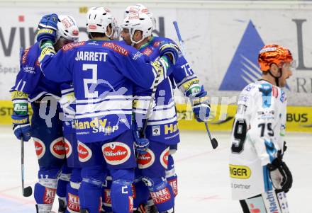 EBEL. Eishockey Bundesliga. EC VSV gegen EHC LIWEST Linz. Torjubel John Hughes, Gerhard Unterluggauer, Marco Pewal, Derek Ryan, Cole Jarrett (VSV). Villach, am 24.11.2013.
Foto: Kuess 


---
pressefotos, pressefotografie, kuess, qs, qspictures, sport, bild, bilder, bilddatenbank