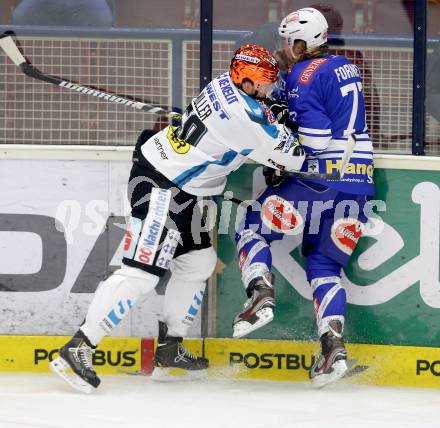 EBEL. Eishockey Bundesliga. EC VSV gegen EHC LIWEST Linz. Michael Forney,  (VSV), Mathias Mueller (Linz). Villach, am 24.11.2013.
Foto: Kuess 


---
pressefotos, pressefotografie, kuess, qs, qspictures, sport, bild, bilder, bilddatenbank