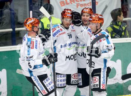 EBEL. Eishockey Bundesliga. EC VSV gegen EHC LIWEST Linz.  Torjubel Gregor Baumgartner, Jason Ulmer, Marc-Andre Dorion, Andrew Hedlund (Linz). Villach, am 24.11.2013.
Foto: Kuess 


---
pressefotos, pressefotografie, kuess, qs, qspictures, sport, bild, bilder, bilddatenbank